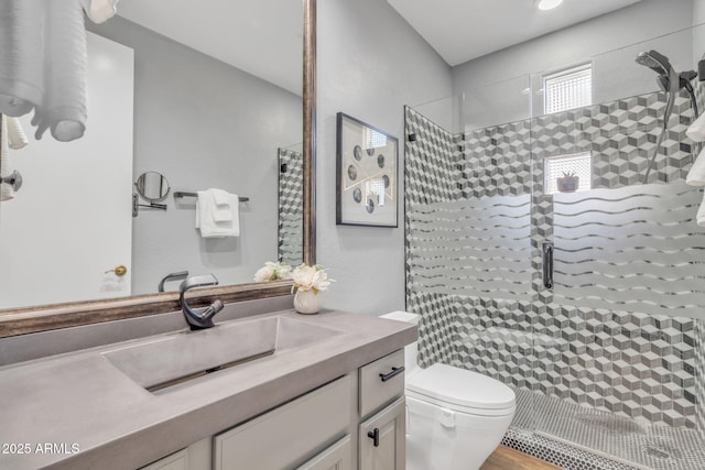 bathroom with vanity, a tile shower, and toilet