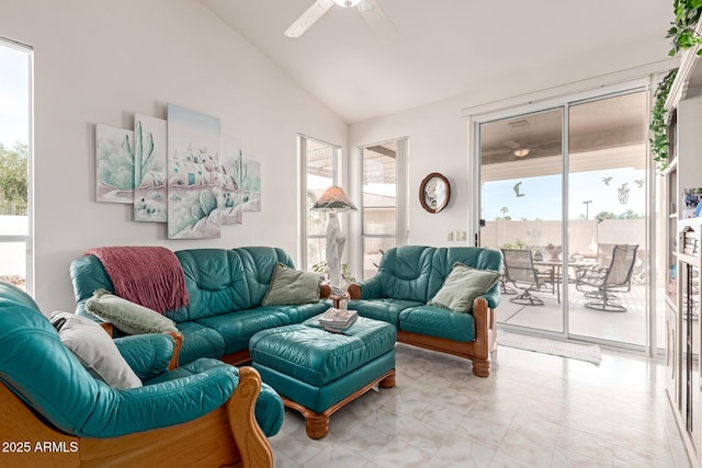 living room featuring lofted ceiling and ceiling fan