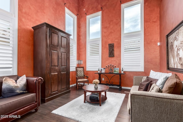 3441 S Halsted Pl, Chandler, AZ 85286 - living area featuring dark wood-style floors, a towering ceiling, and baseboards