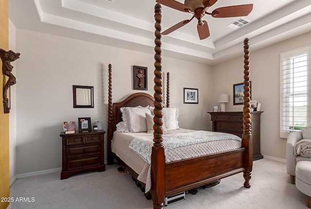 3441 S Halsted Pl, Chandler, AZ 85286 - bedroom featuring a raised ceiling, light carpet, baseboards, and ceiling fan