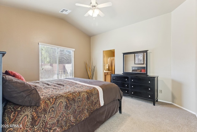 bedroom with baseboards, visible vents, a ceiling fan, lofted ceiling, and carpet floors