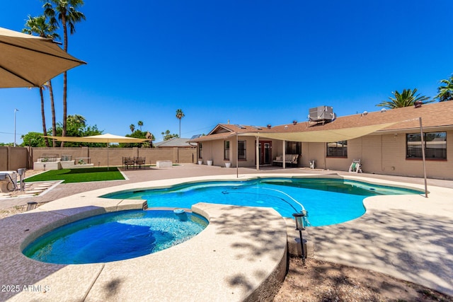 view of swimming pool featuring an outdoor hangout area, a patio area, fence, central AC, and a pool with connected hot tub