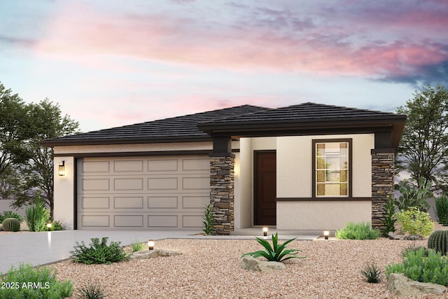 2210 S 246th Ln, Buckeye, AZ 85326 - prairie-style house featuring driveway, stucco siding, stone siding, and an attached garage