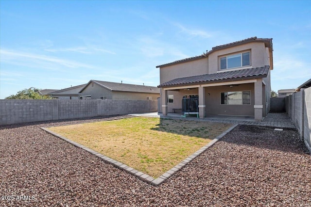 back of house with a patio and a yard