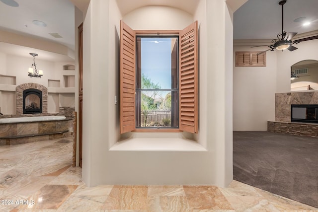3730 E Cloud Rd, Cave Creek, AZ 85331 - bathroom with visible vents, built in shelves, a fireplace, and ceiling fan