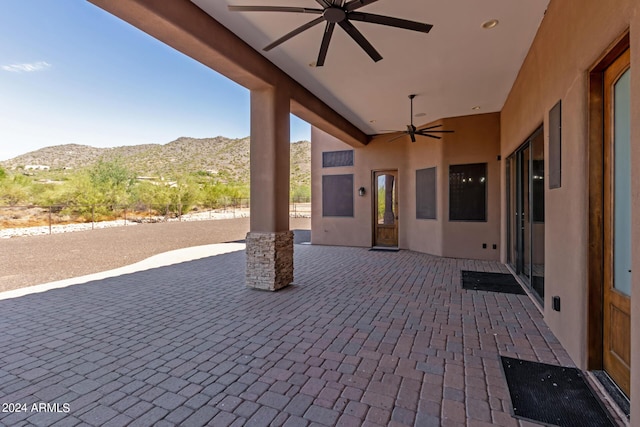 3730 E Cloud Rd, Cave Creek, AZ 85331 - view of patio / terrace featuring a mountain view, fence, and ceiling fan