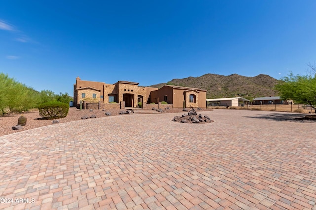 3730 E Cloud Rd, Cave Creek, AZ 85331 - southwest-style home featuring a chimney, stucco siding, fence, and a mountain view