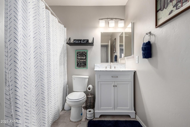 full bathroom with toilet, a shower with shower curtain, vanity, baseboards, and tile patterned floors