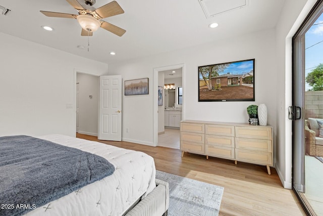 bedroom with visible vents, connected bathroom, baseboards, recessed lighting, and light wood-style flooring