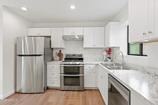 kitchen with under cabinet range hood, appliances with stainless steel finishes, white cabinets, and a sink