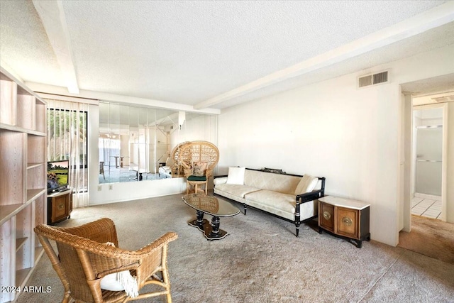 carpeted living room with a textured ceiling