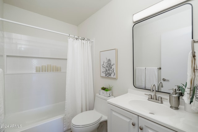 full bathroom with vanity, toilet, and shower / bath combo with shower curtain