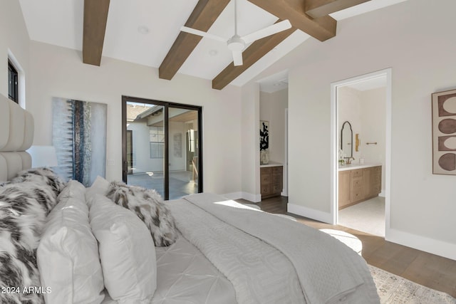 bedroom featuring lofted ceiling with beams, ensuite bath, hardwood / wood-style flooring, ceiling fan, and access to exterior