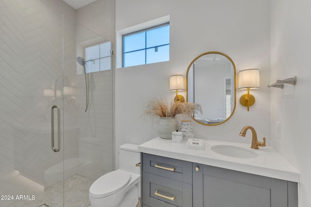 bathroom with toilet, vanity, and walk in shower