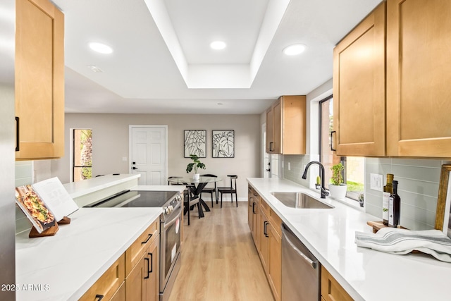 kitchen with a tray ceiling, light wood finished floors, stainless steel appliances, decorative backsplash, and a sink