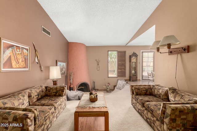 4024 W Griswold Rd, Phoenix, AZ 85051 - living room featuring lofted ceiling, carpet floors, and a textured ceiling
