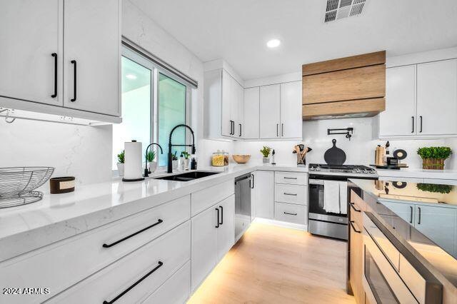 kitchen with light hardwood / wood-style flooring, stainless steel appliances, sink, custom exhaust hood, and white cabinetry