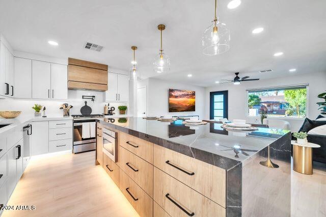 kitchen featuring light hardwood / wood-style flooring, white cabinetry, custom range hood, and stainless steel appliances