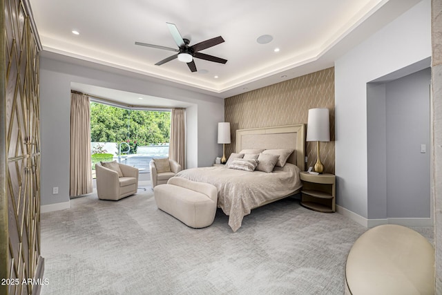 5404 N 41st St, Phoenix, AZ 85018 - carpeted bedroom featuring baseboards, a raised ceiling, recessed lighting, and ceiling fan