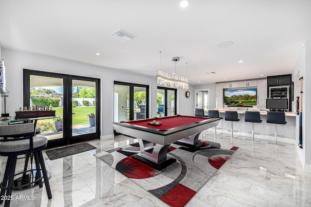 5404 N 41st St, Phoenix, AZ 85018 - game room featuring french doors, light marble finish flooring, recessed lighting, billiards table, and baseboards