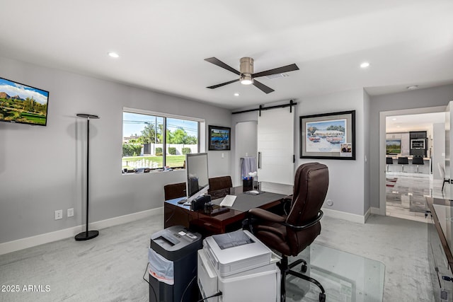 5404 N 41st St, Phoenix, AZ 85018 - office featuring a barn door, ceiling fan, baseboards, recessed lighting, and light colored carpet