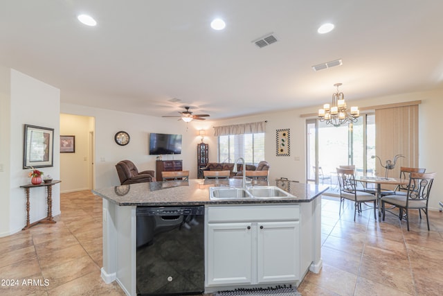 kitchen with black dishwasher, sink, hanging light fixtures, white cabinetry, and a kitchen island with sink