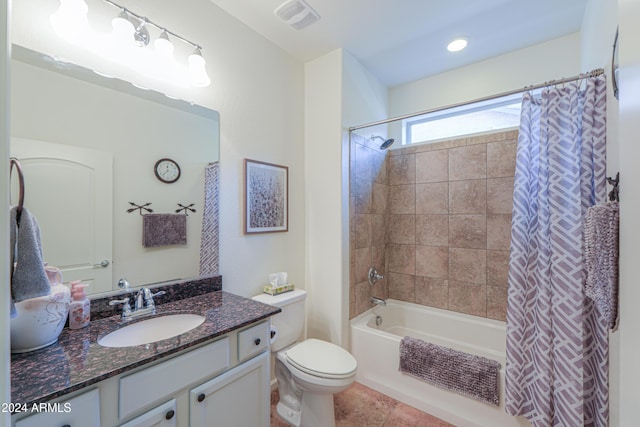 full bathroom with visible vents, toilet, tile patterned floors, shower / bathtub combination with curtain, and vanity