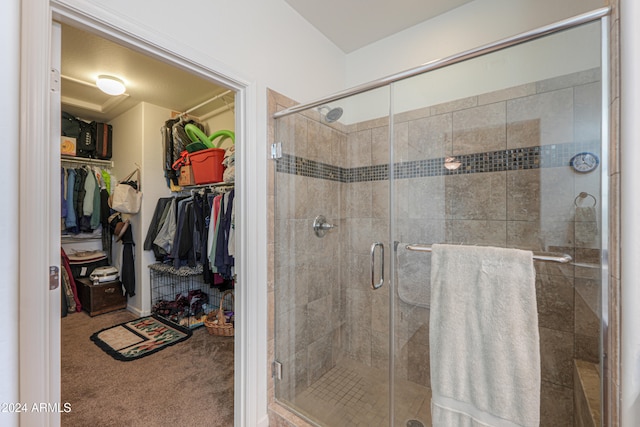 bathroom with a shower with shower door