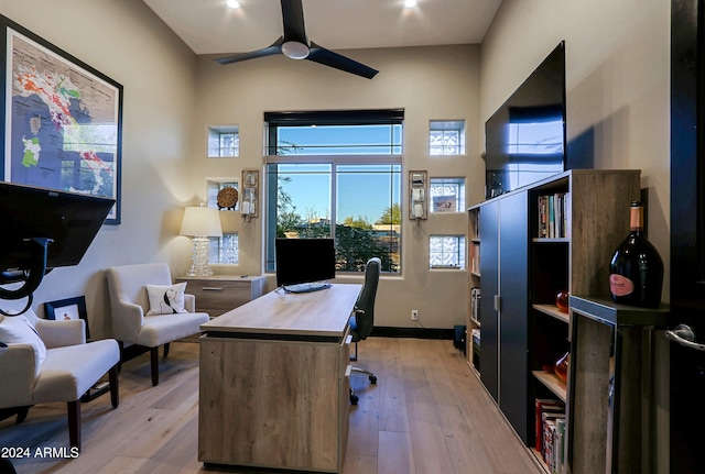 office featuring ceiling fan and light wood-type flooring