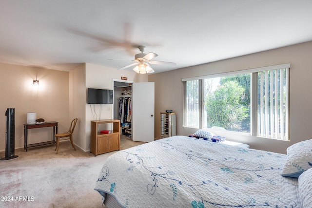 bedroom with light carpet, ceiling fan, a walk in closet, and a closet