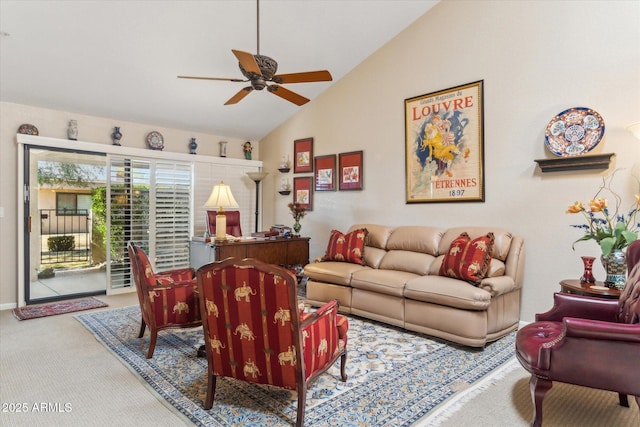 living room with vaulted ceiling, carpet floors, and ceiling fan