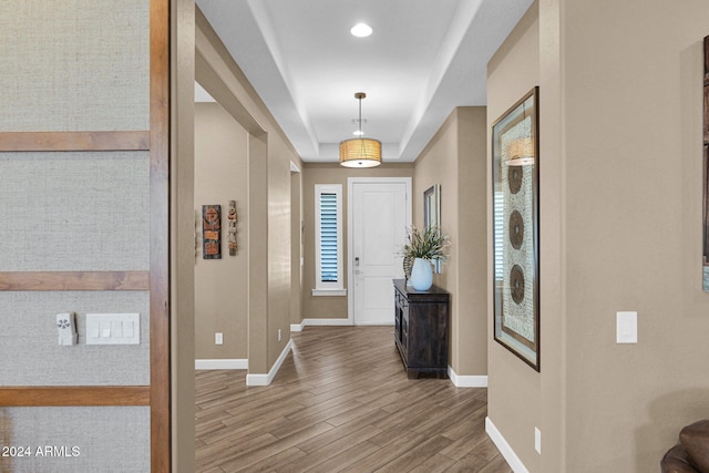 entrance foyer with hardwood / wood-style floors and a tray ceiling