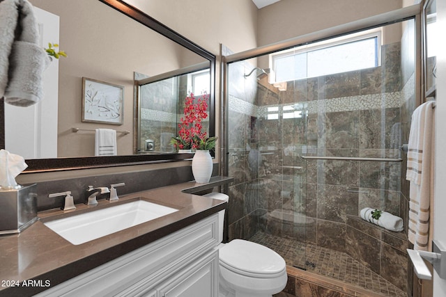 bathroom with vanity, toilet, and a shower with shower door