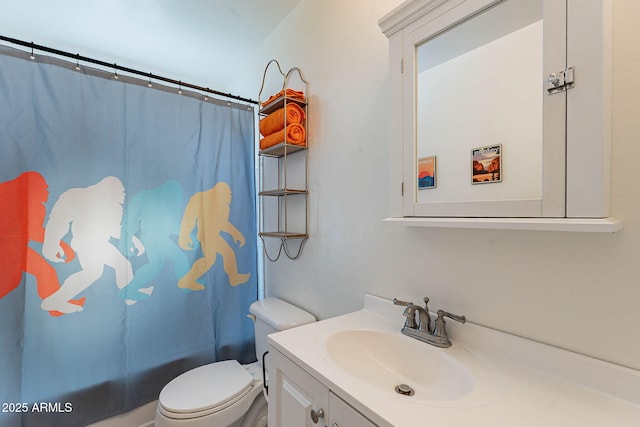 full bathroom with vanity, shower / bathtub combination with curtain, and toilet