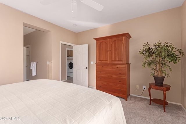 bedroom featuring washer / clothes dryer, light carpet, and ceiling fan