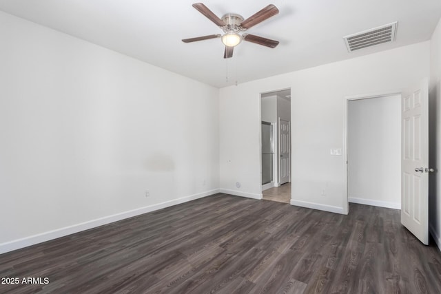 unfurnished bedroom with dark wood-type flooring and ceiling fan