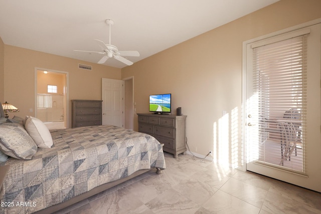 bedroom with ceiling fan and ensuite bathroom