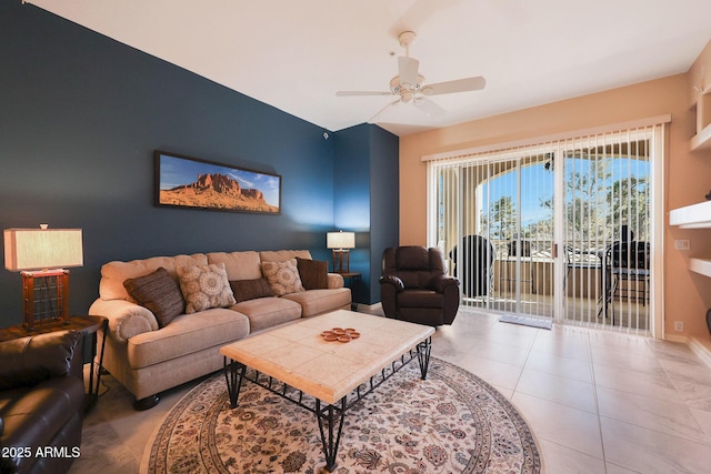 tiled living room with ceiling fan