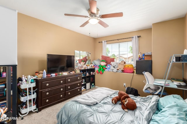 carpeted bedroom featuring ceiling fan