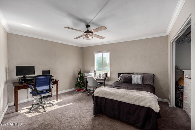 carpeted bedroom with ceiling fan and crown molding