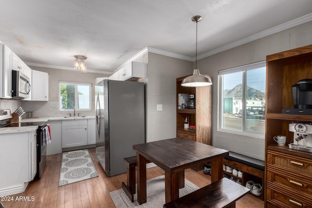 kitchen featuring hanging light fixtures, stainless steel appliances, ornamental molding, light wood-type flooring, and white cabinetry