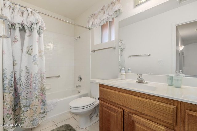 full bathroom with vanity, shower / tub combo, toilet, and tile patterned flooring