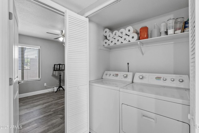 4502 W Continental Dr, Glendale, AZ 85308 - laundry room featuring washing machine and dryer, baseboards, dark wood-style flooring, and a ceiling fan