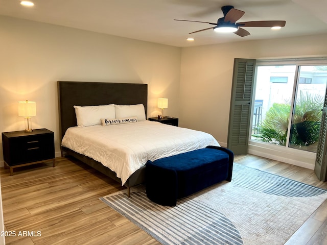 bedroom featuring a ceiling fan, recessed lighting, and light wood-style flooring