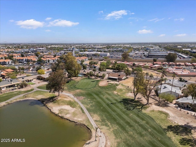 drone / aerial view with a residential view and a water view