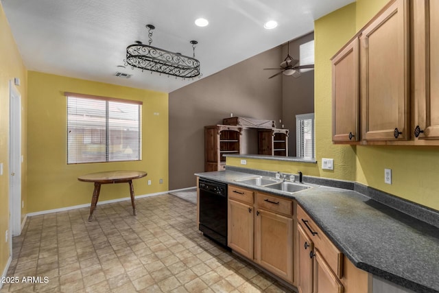 kitchen with ceiling fan, dark countertops, a sink, black dishwasher, and visible vents