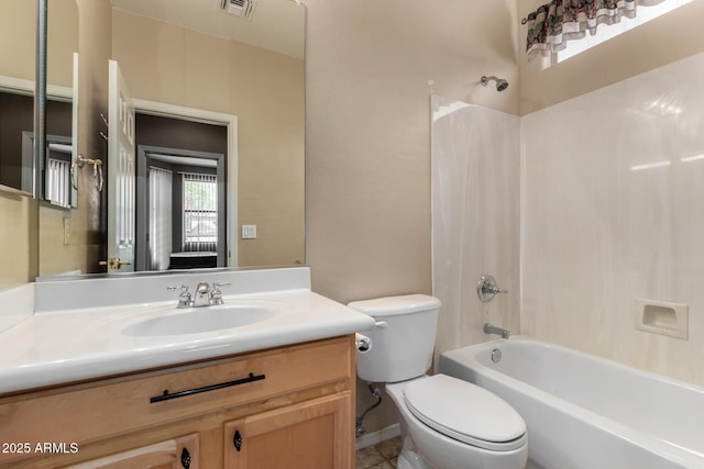 full bath with vanity, shower / bathing tub combination, visible vents, and toilet