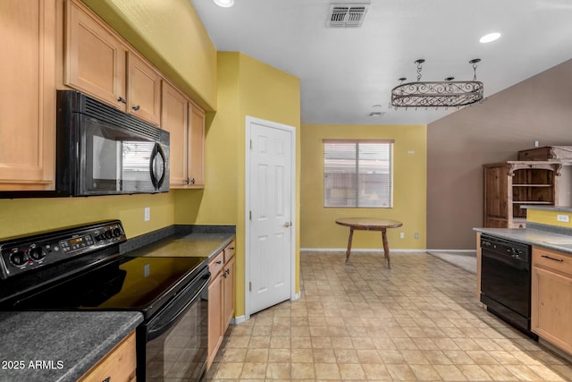 kitchen with baseboards, visible vents, dark countertops, and black appliances