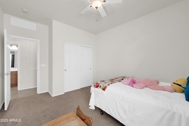 bedroom featuring carpet, a closet, visible vents, a ceiling fan, and baseboards