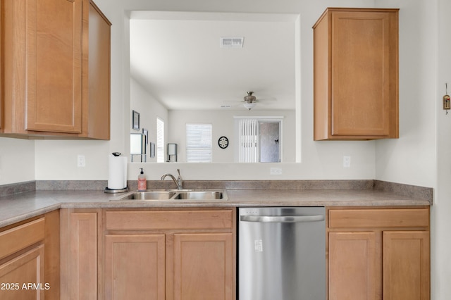 kitchen with ceiling fan, stainless steel dishwasher, a sink, and visible vents